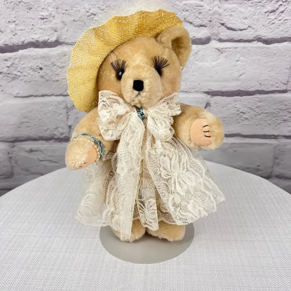 Country Cozy's Born to Shop Vintage 90s Jointed Bear Lace Dress Feather Hat 12